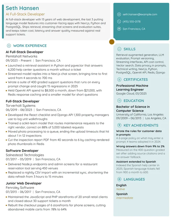 AI Full-Stack Developer resume example