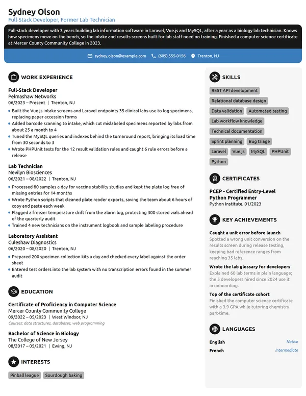 Career Change Full-Stack Developer resume example