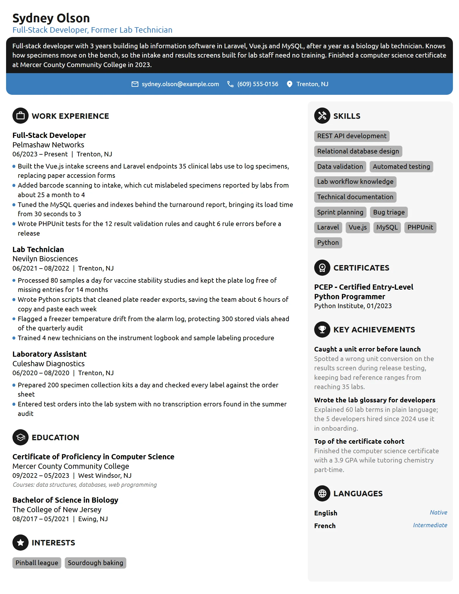 Career Change Full-Stack Developer resume example
