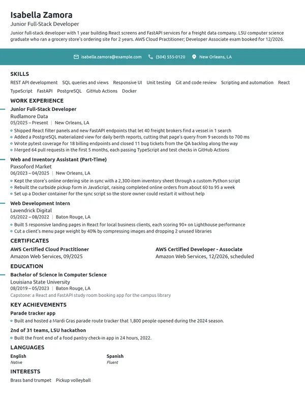 Entry-Level Full-Stack Developer resume example