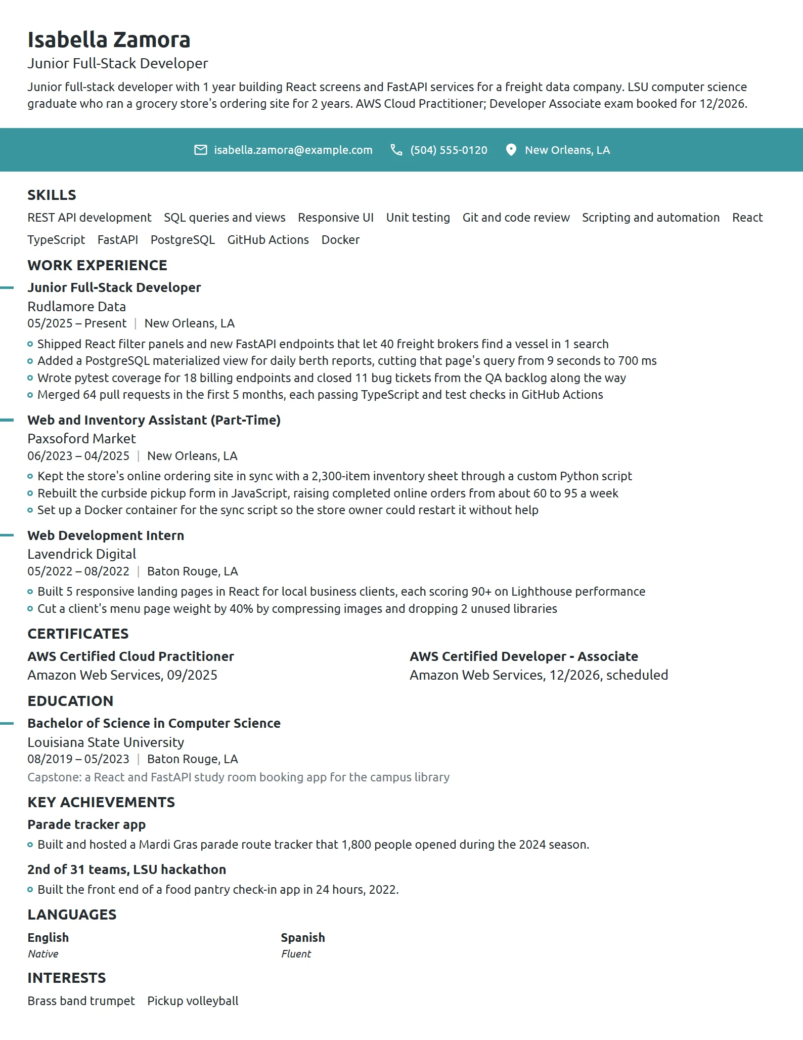 Entry-Level Full-Stack Developer resume example