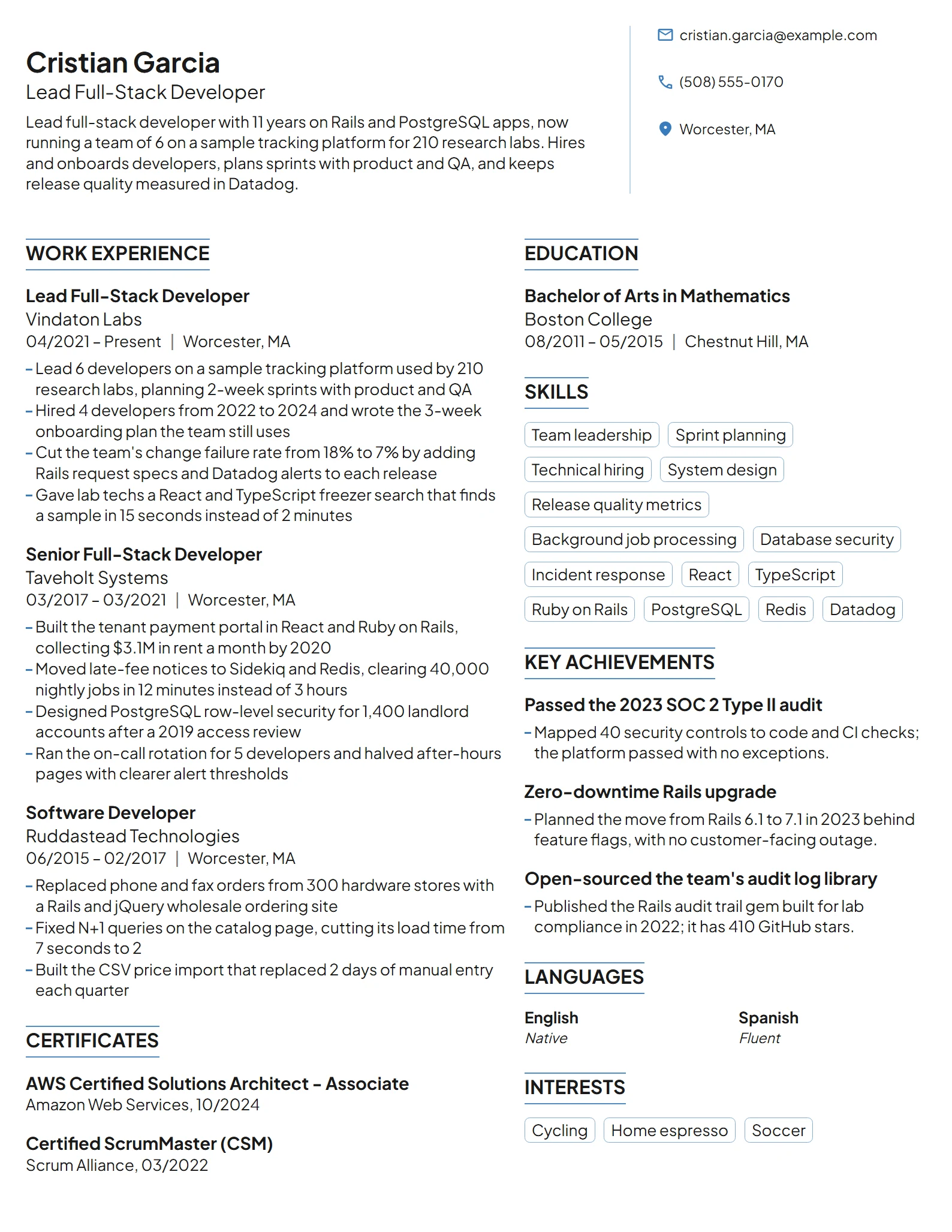 Lead Full-Stack Developer resume example