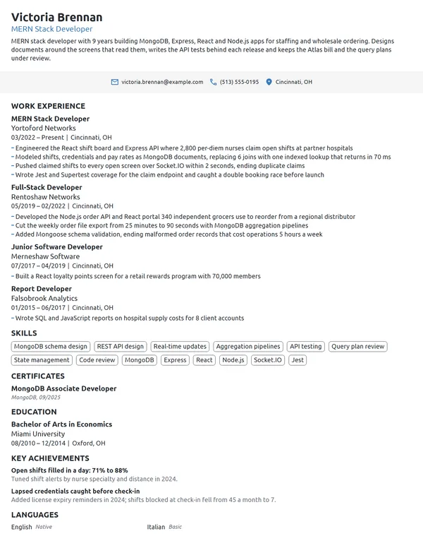 MERN Stack Developer resume example