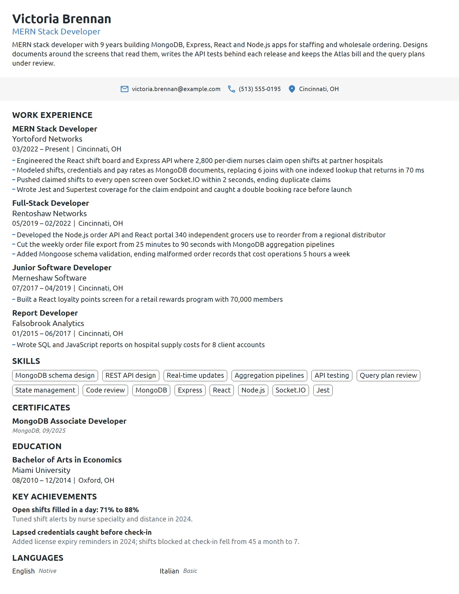 MERN Stack Developer resume example