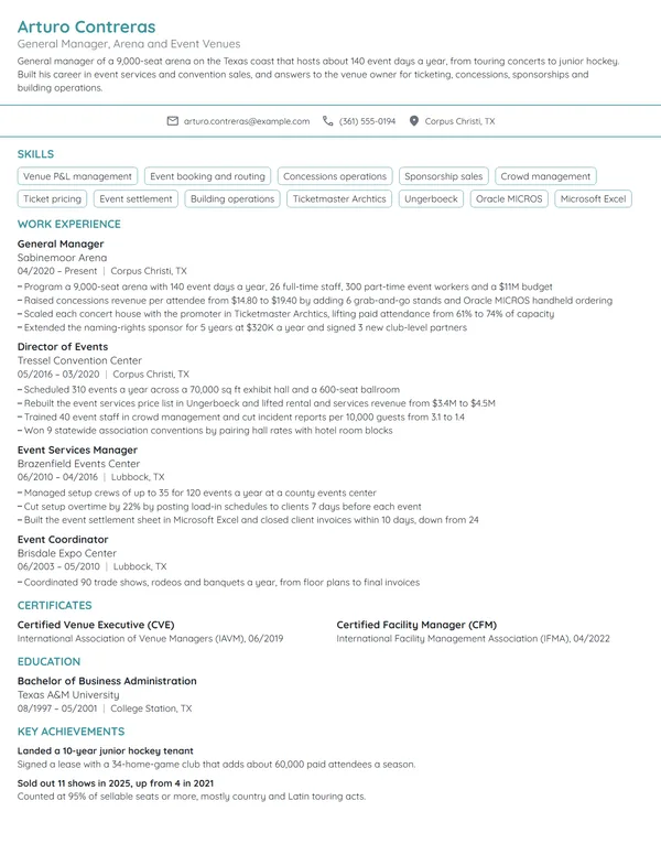 Arena General Manager resume example