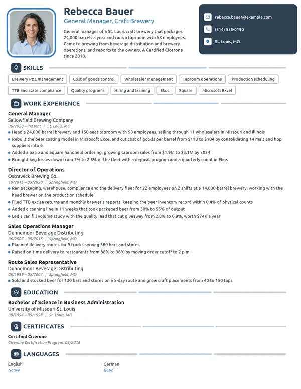 Brewery General Manager resume example