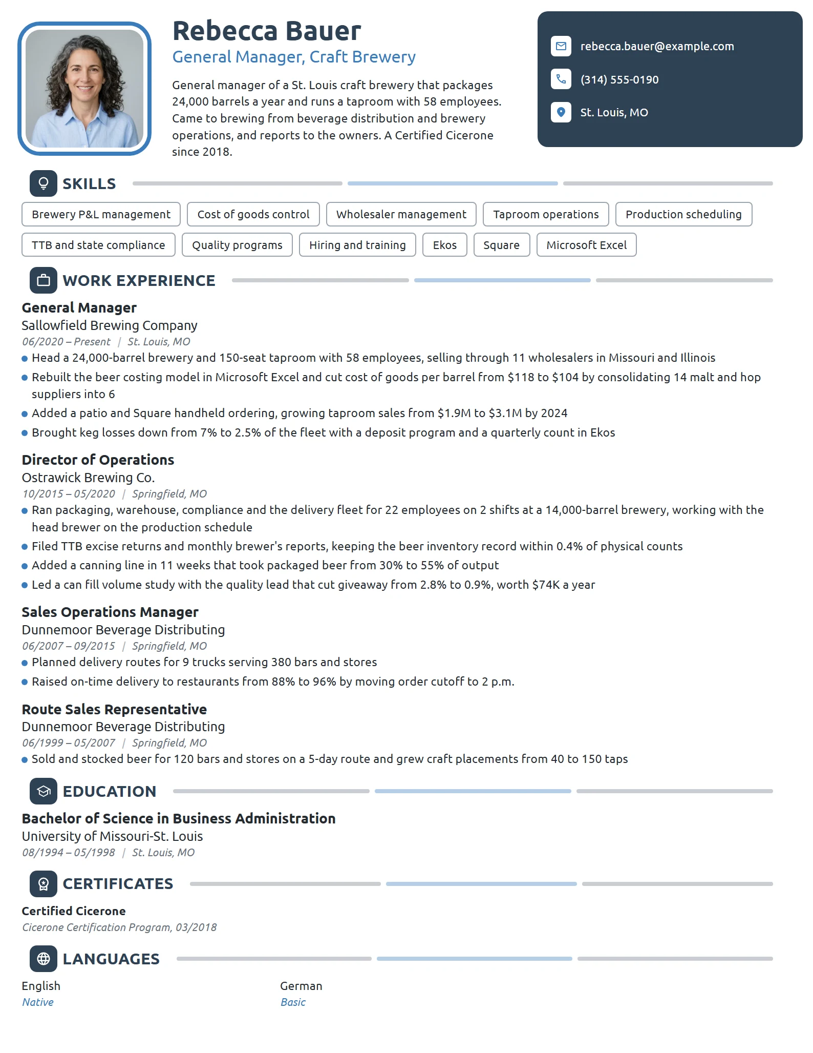 Brewery General Manager resume example