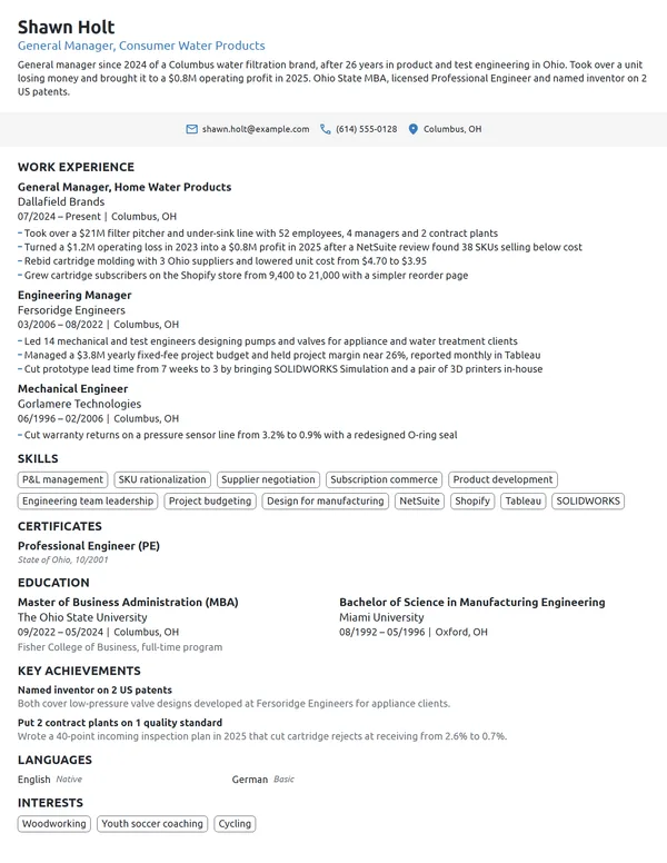 Career Change General Manager resume example