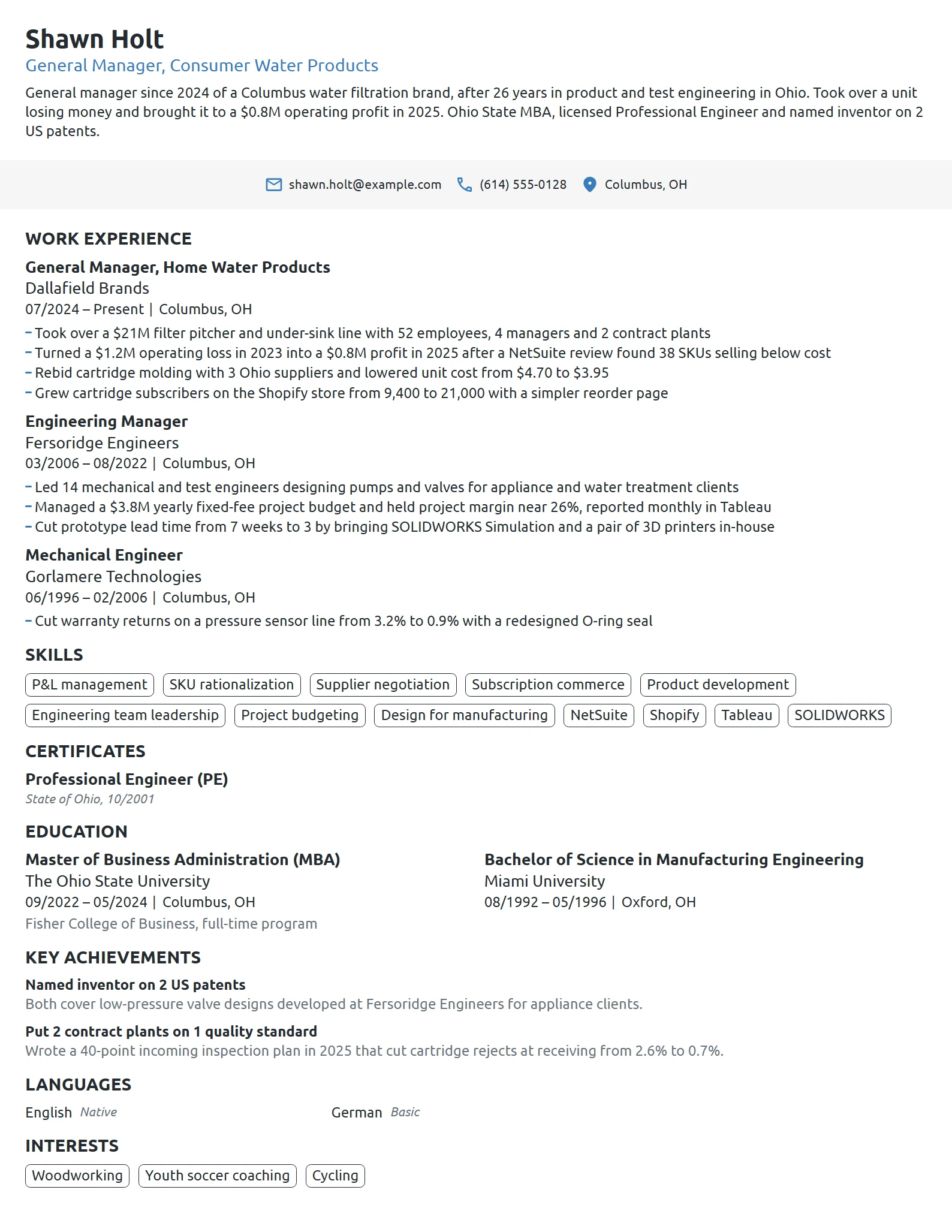 Career Change General Manager resume example