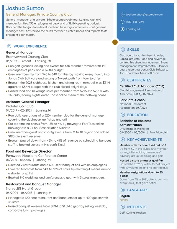 Country Club General Manager resume example