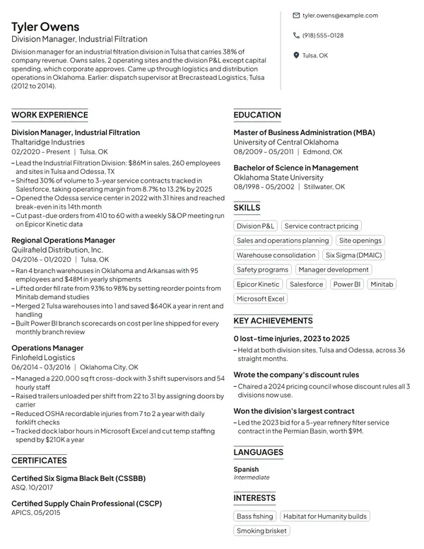 Division Manager resume example