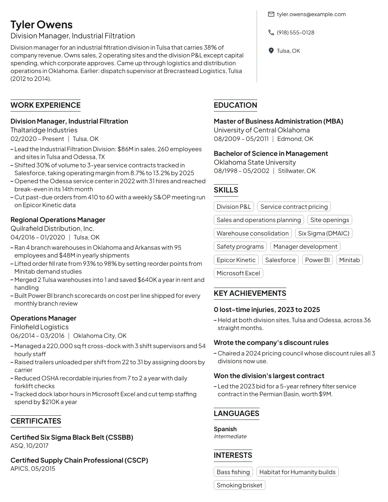 Division Manager resume example