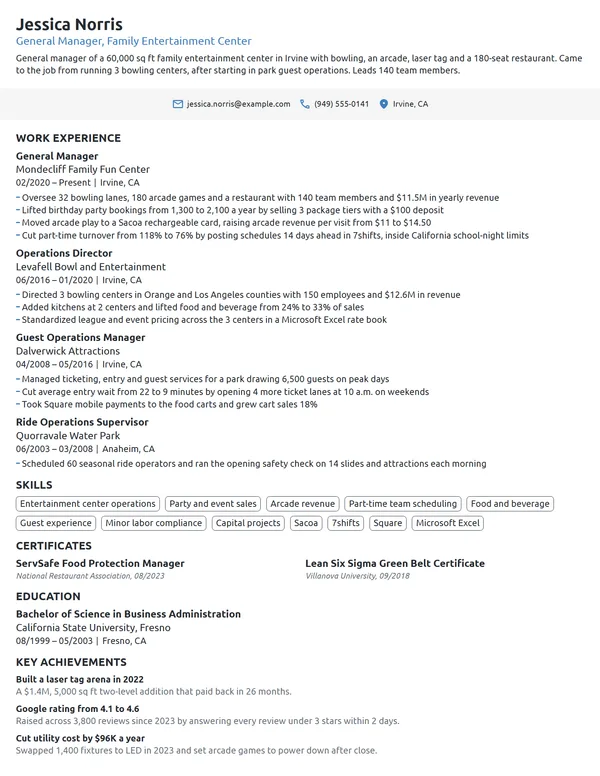 Entertainment Center General Manager resume example