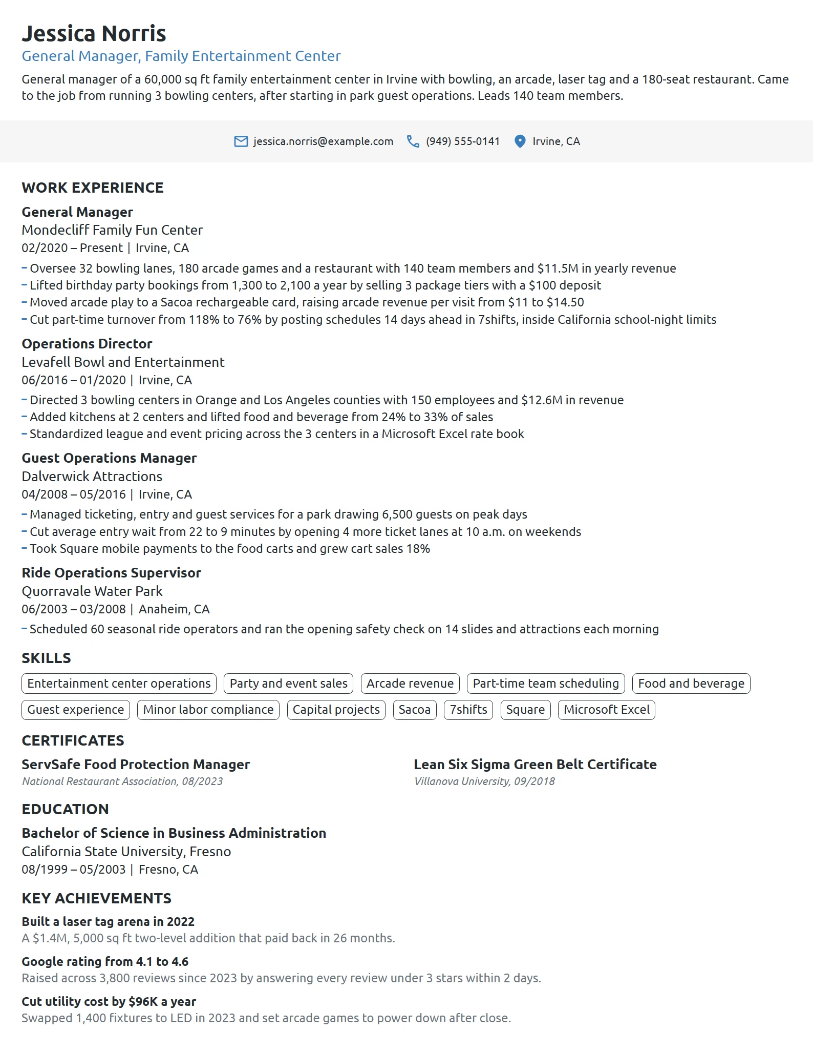 Entertainment Center General Manager resume example