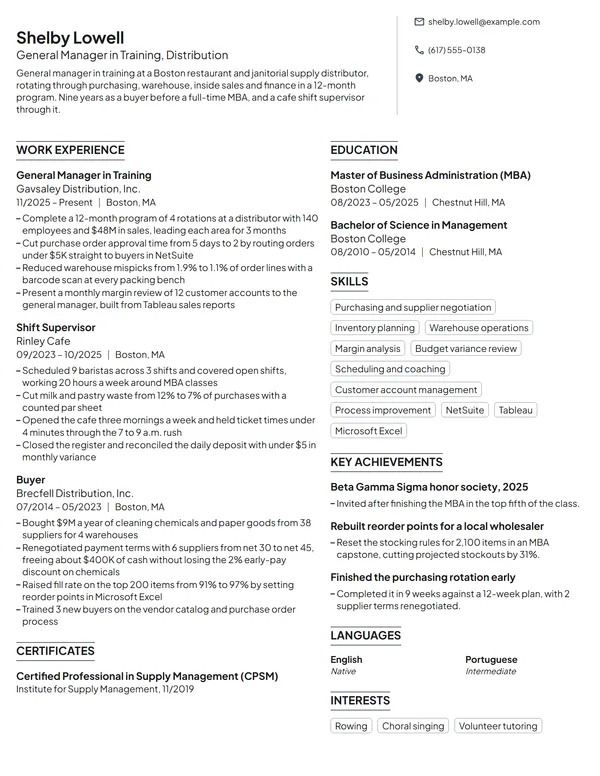 General Manager in Training resume example