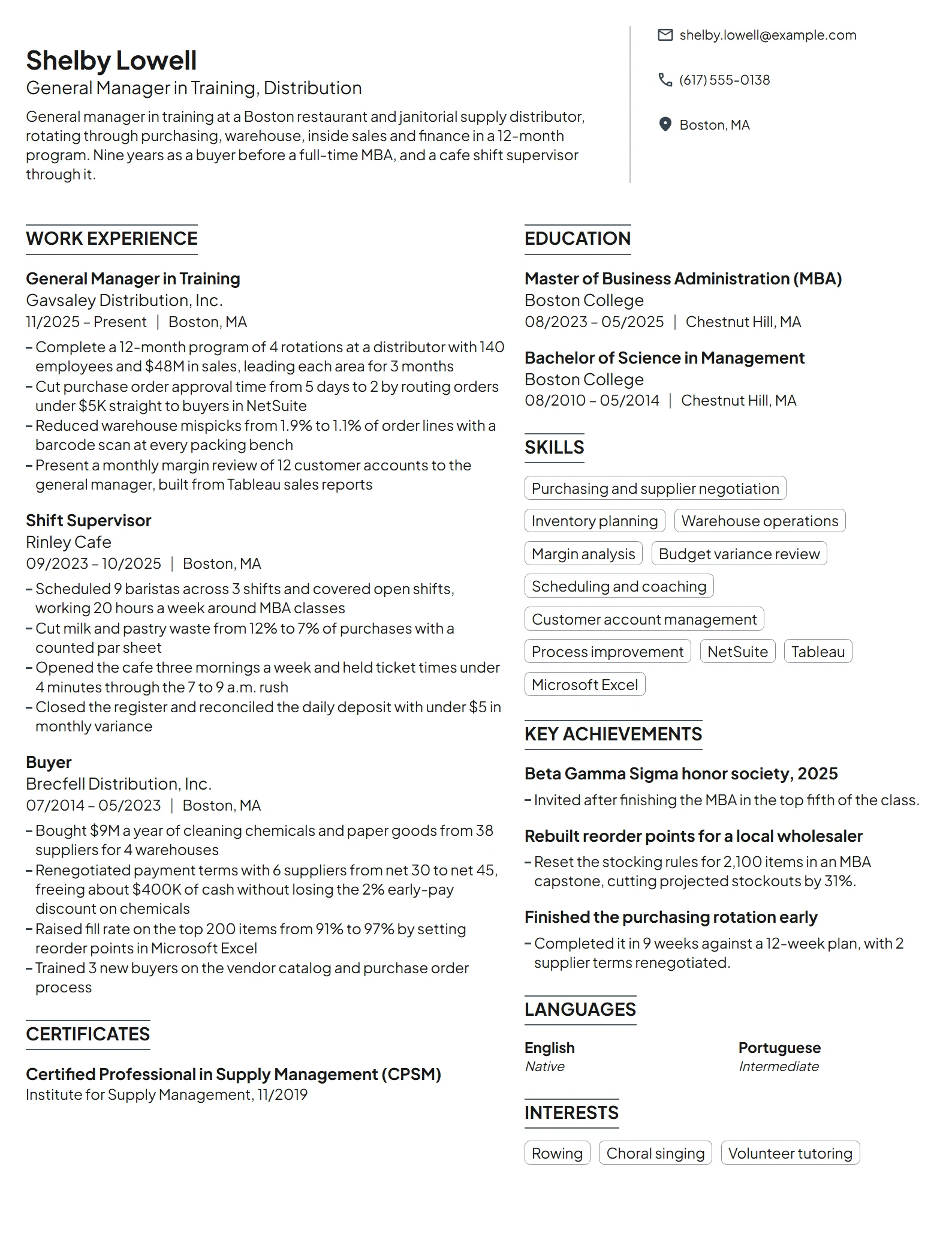 General Manager in Training resume example