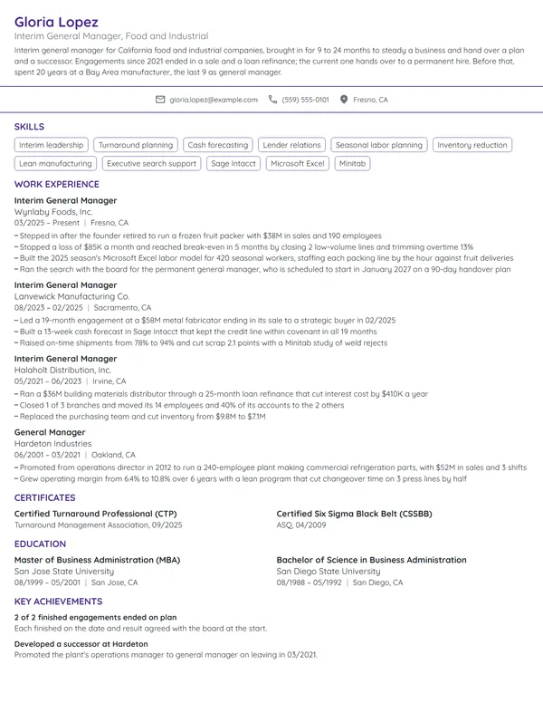 Interim General Manager resume example