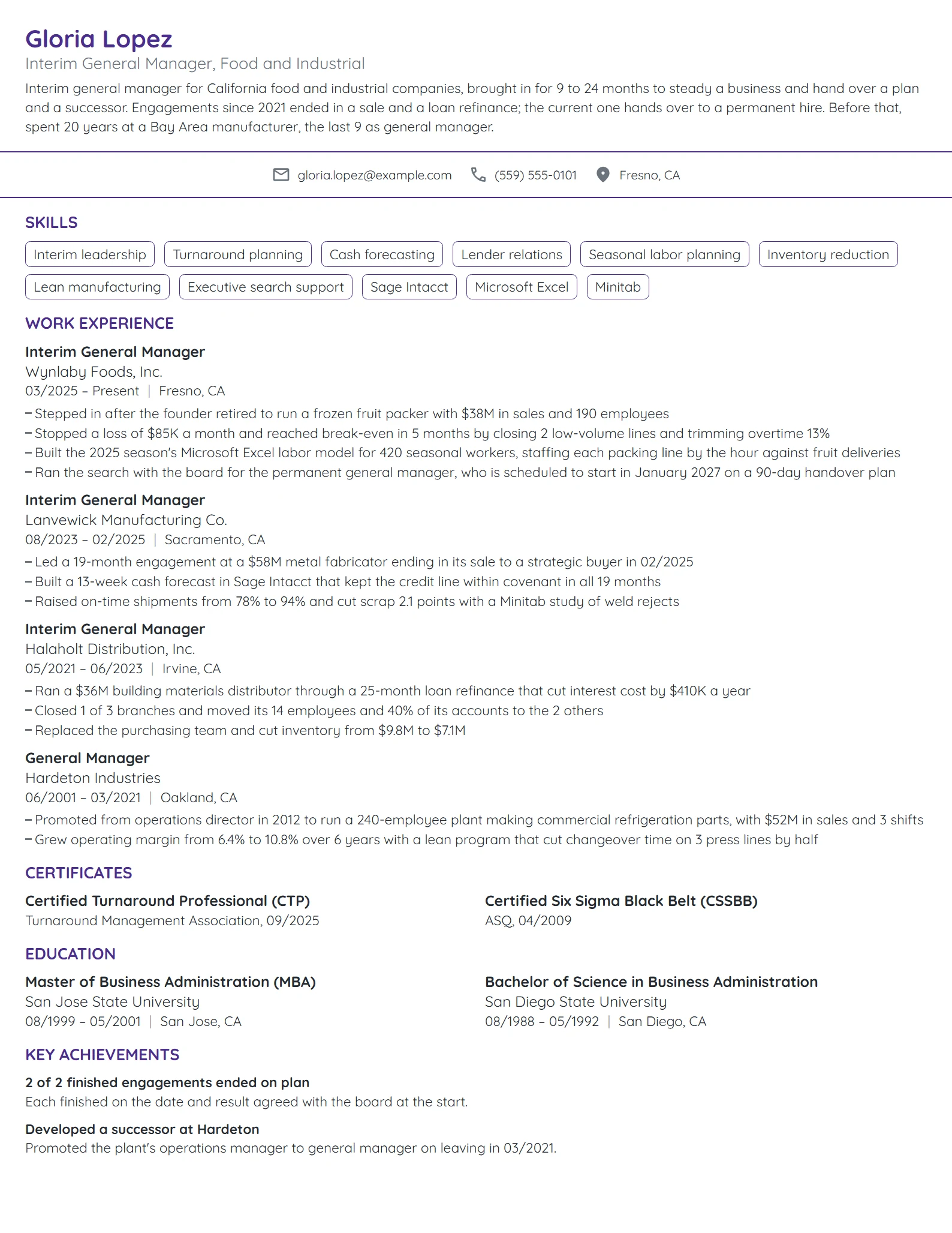 Interim General Manager resume example