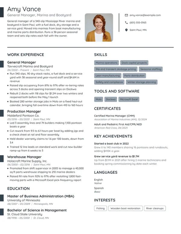 Marina General Manager resume example