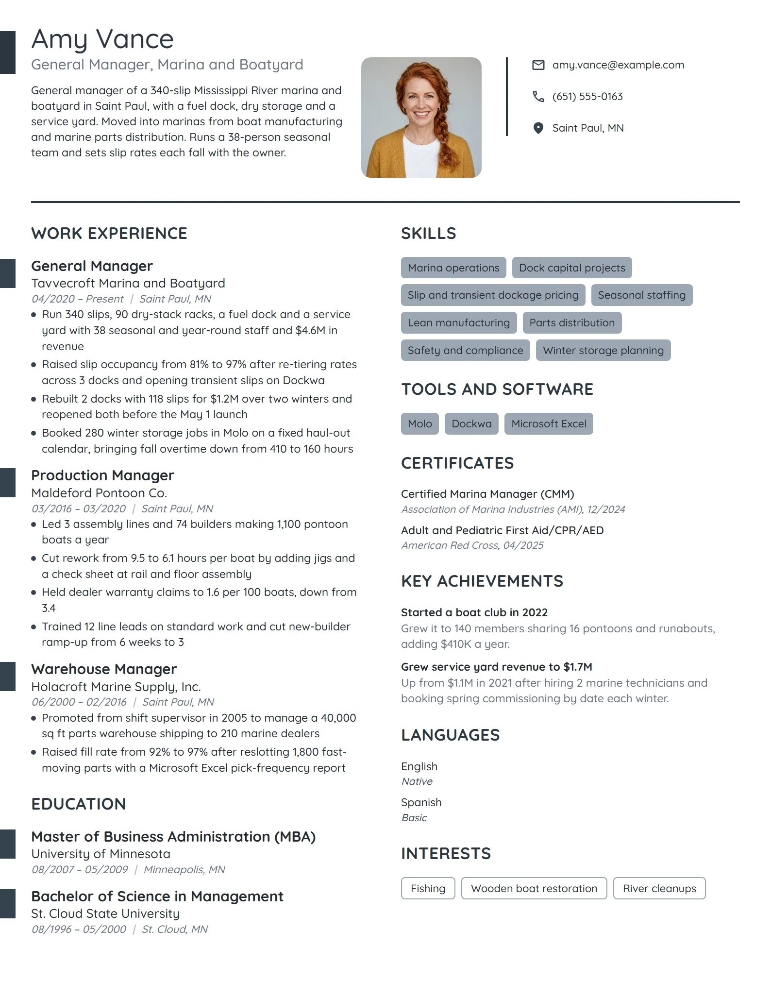 Marina General Manager resume example
