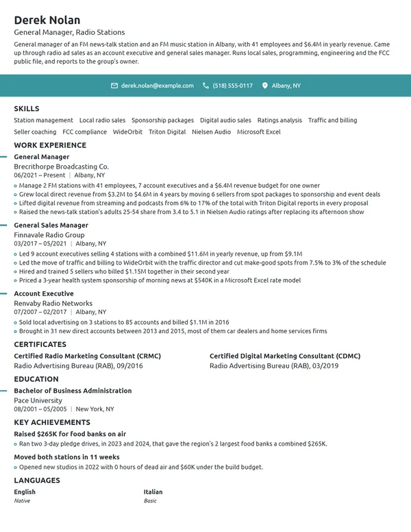 Radio Station General Manager resume example