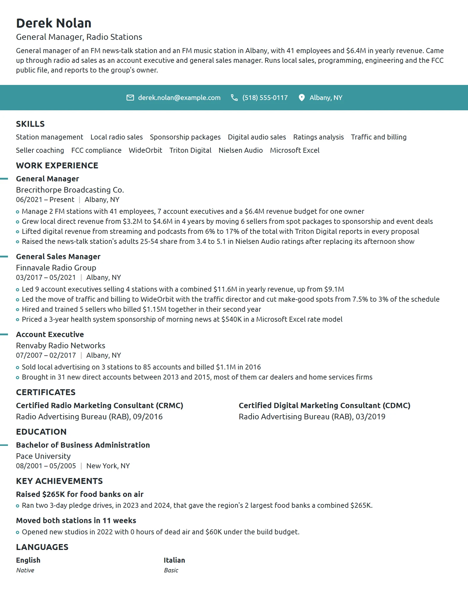 Radio Station General Manager resume example