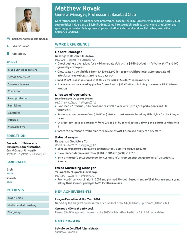 Sports Team General Manager resume example