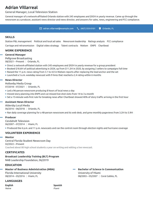 Television Station General Manager resume example