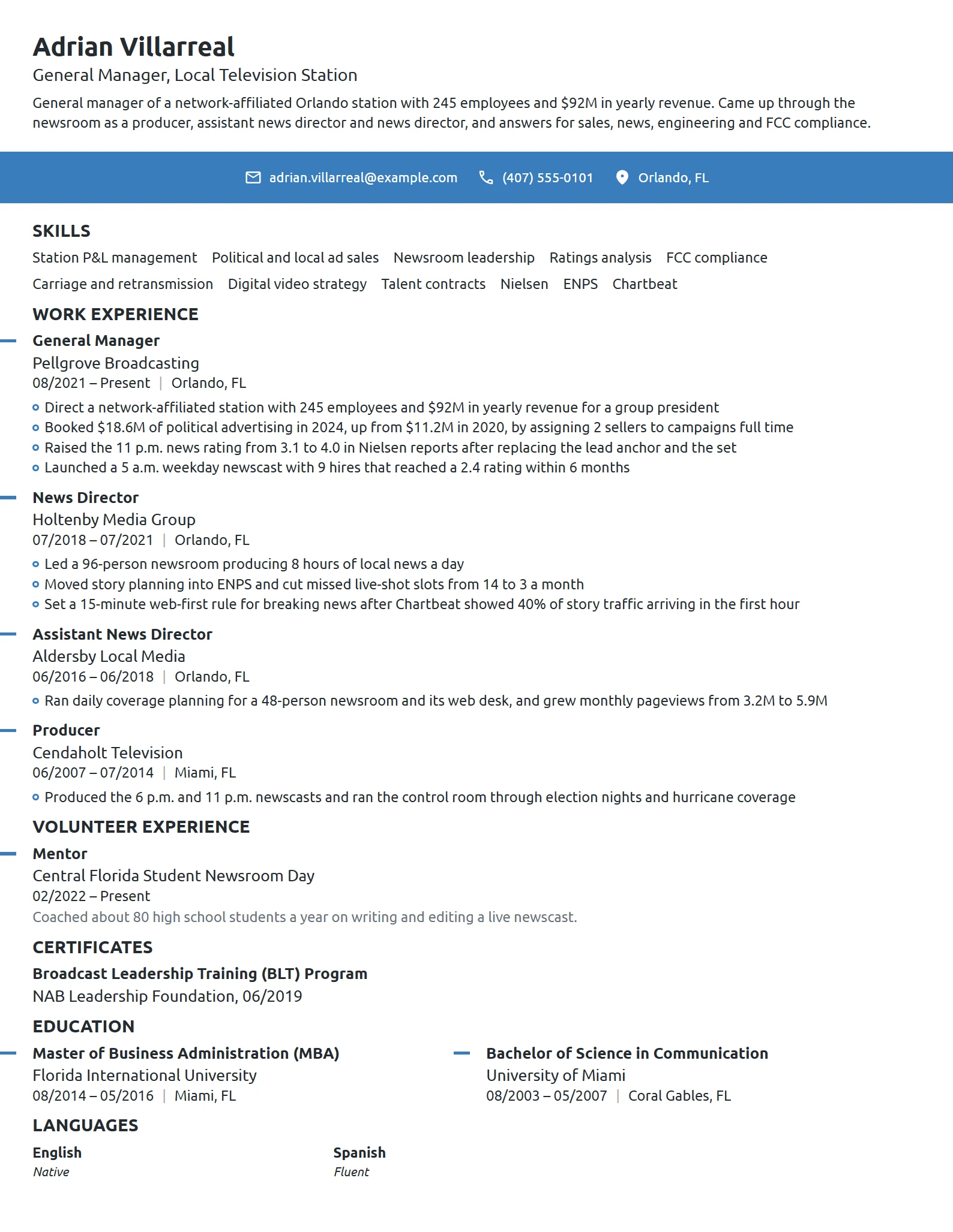 Television Station General Manager resume example