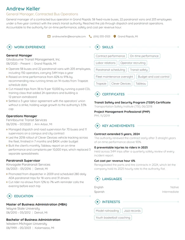 Transit General Manager resume example