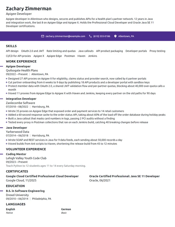 Apigee Developer resume example