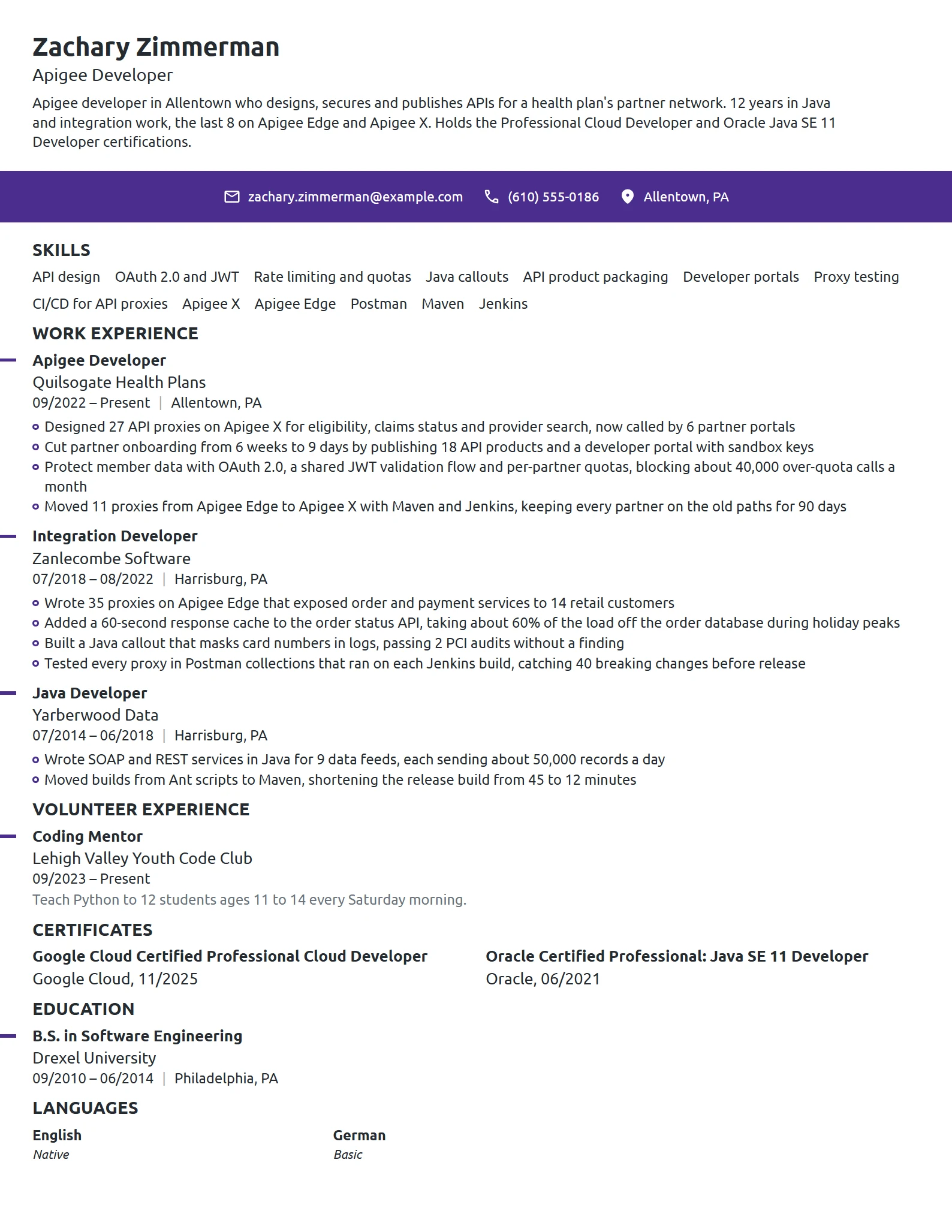 Apigee Developer resume example