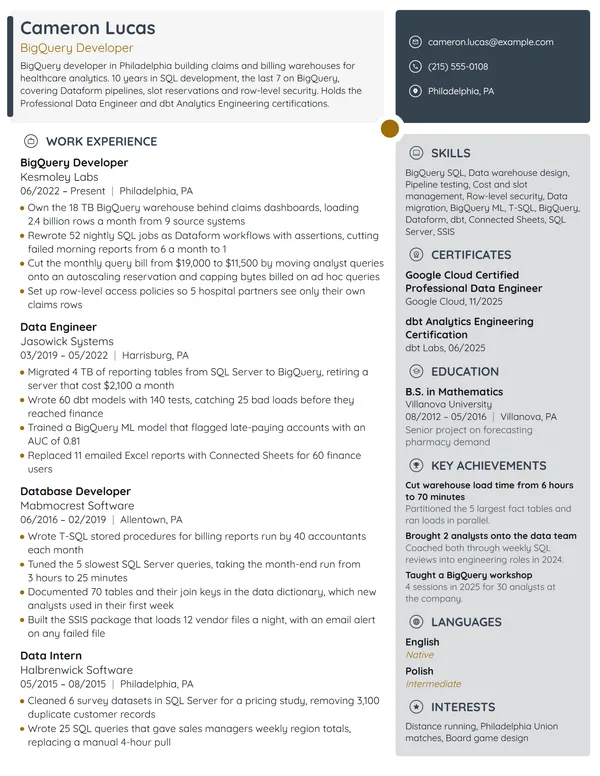 BigQuery Developer resume example