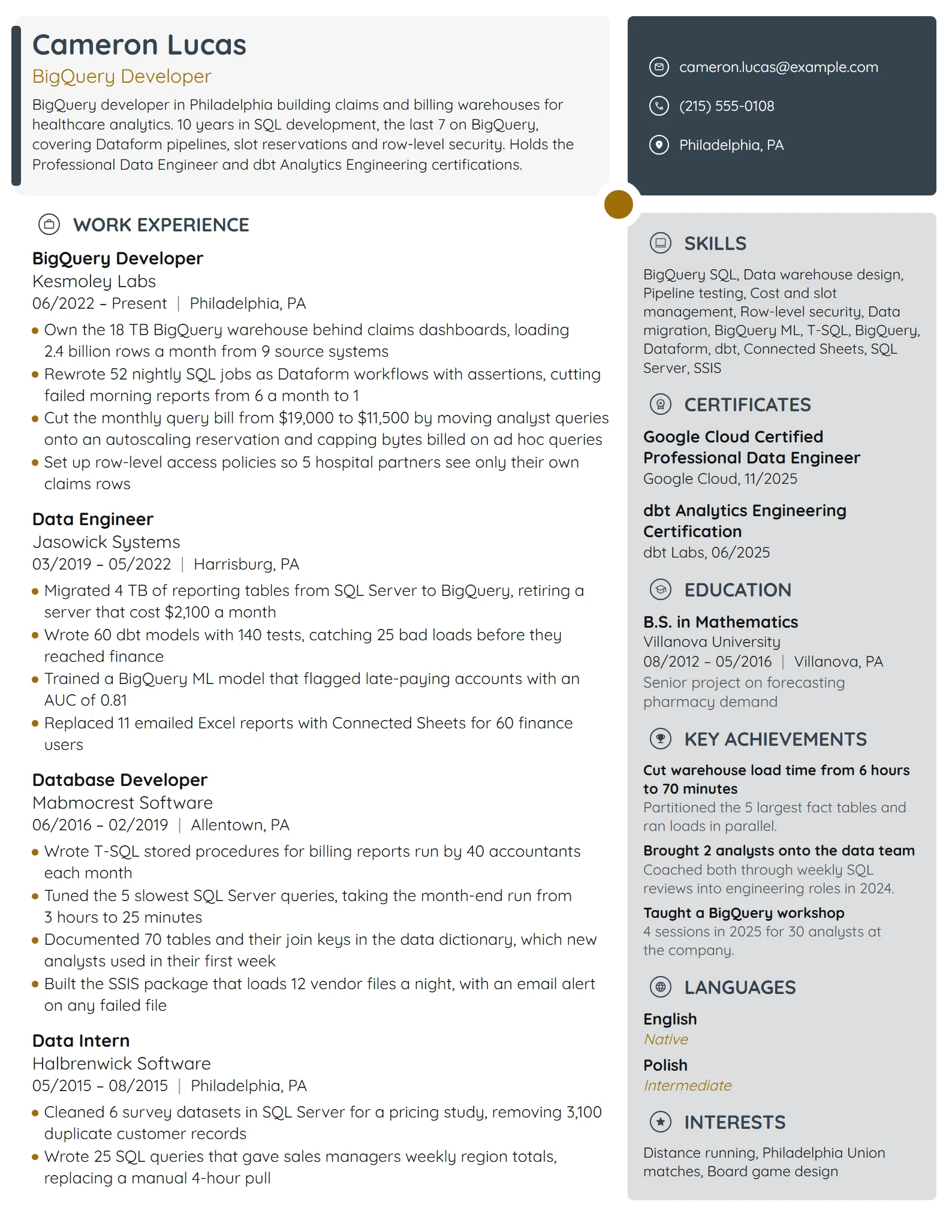BigQuery Developer resume example
