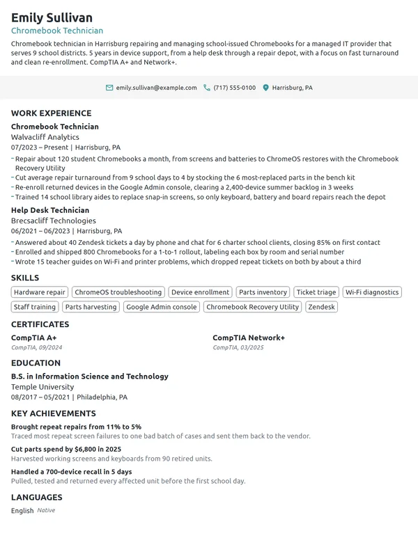 Chromebook Technician resume example