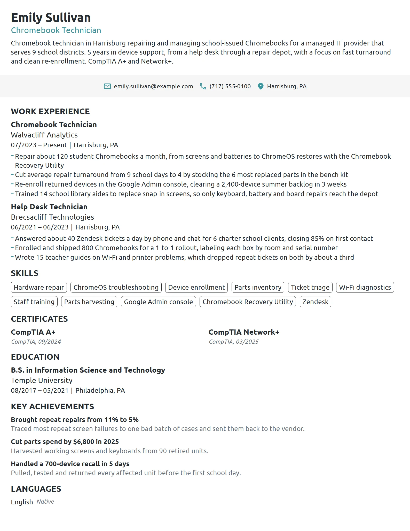 Chromebook Technician resume example