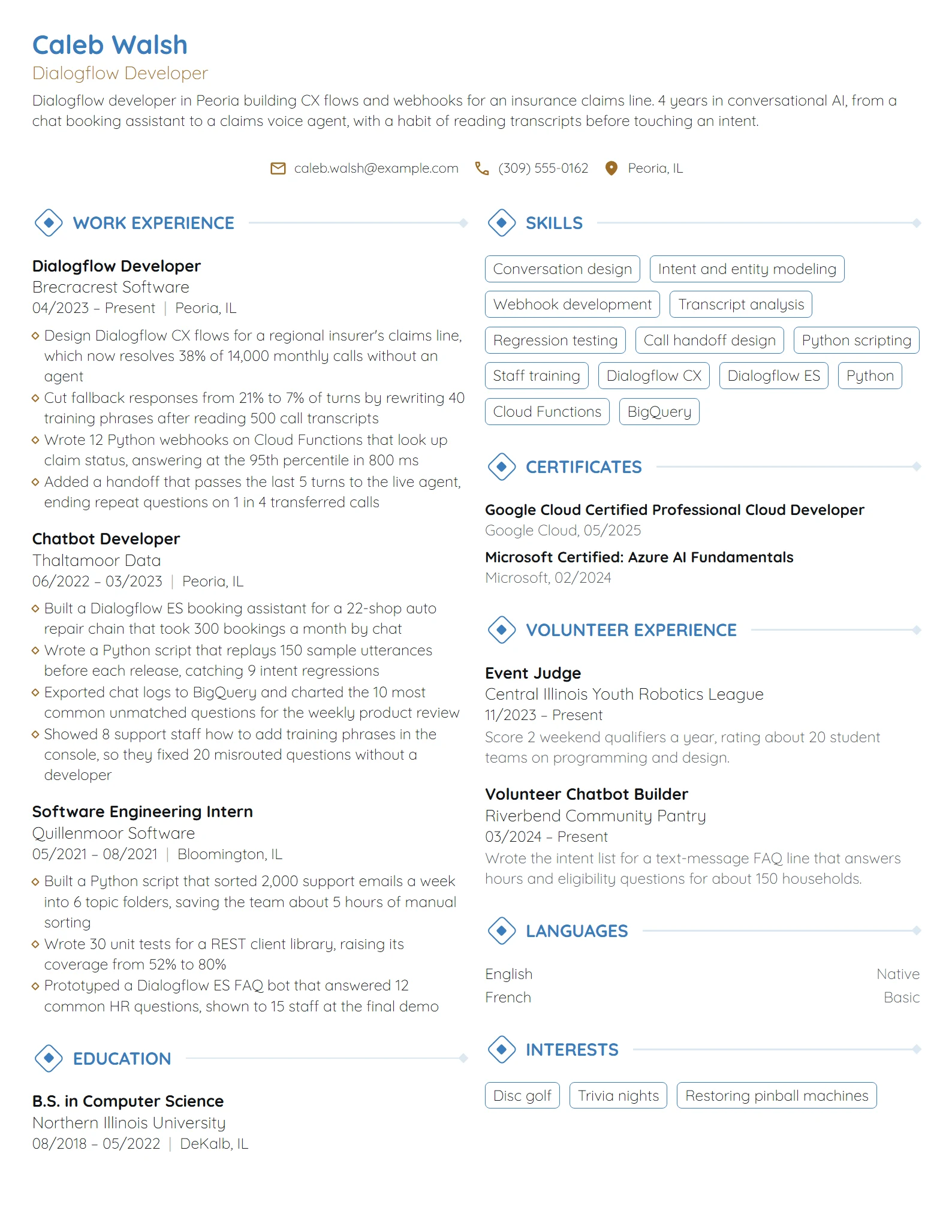 Dialogflow Developer resume example