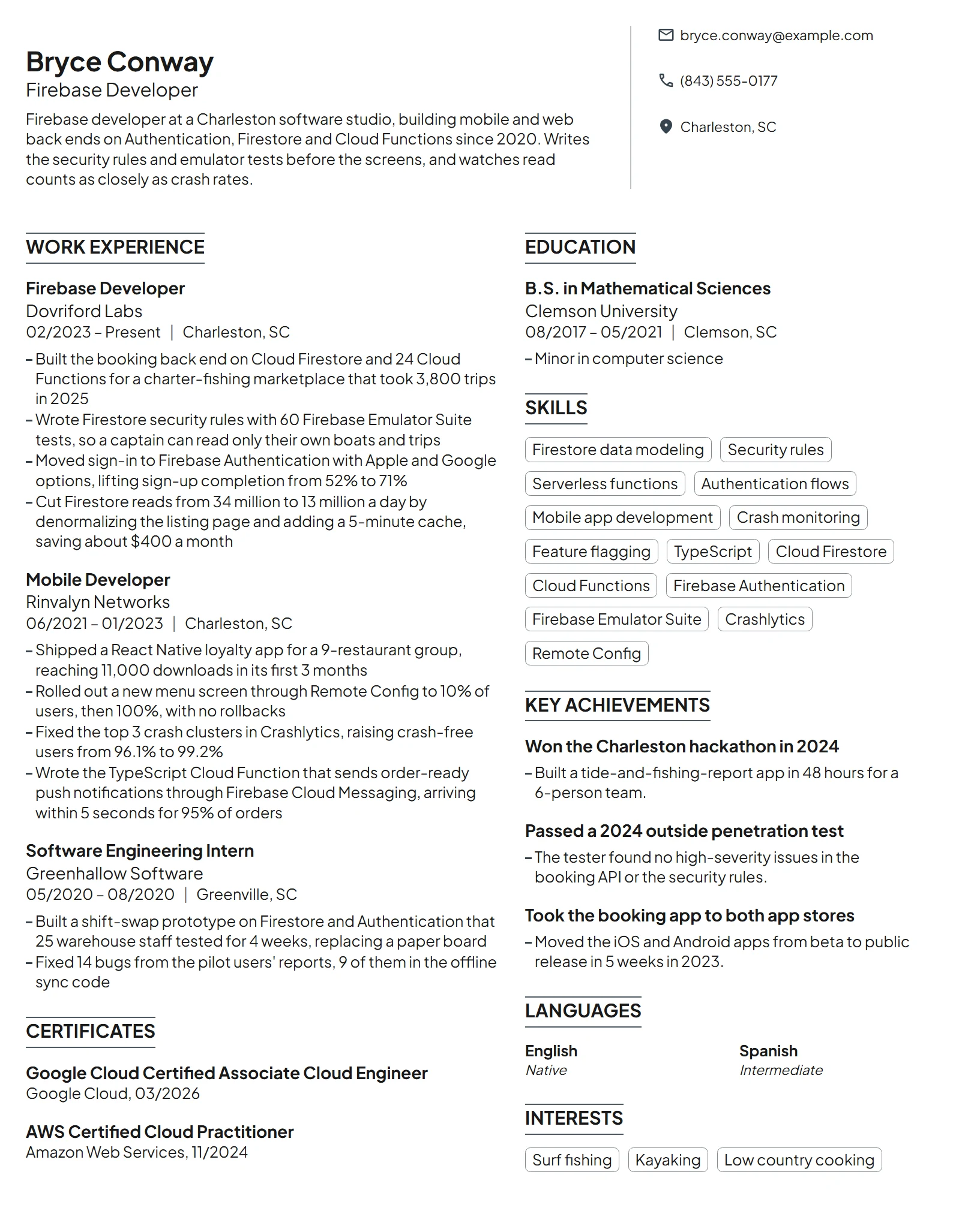 Firebase Developer resume example