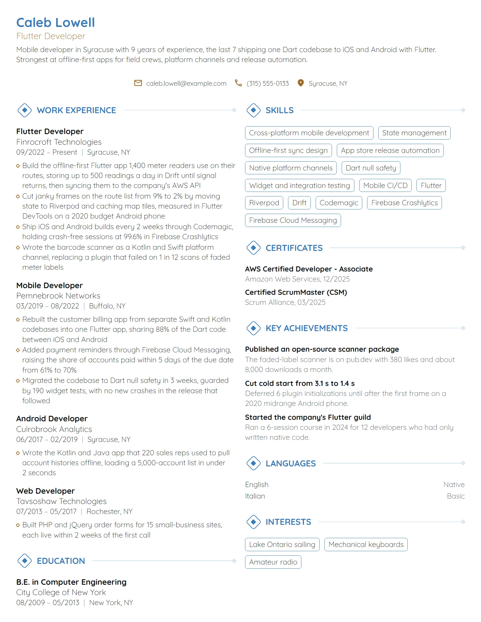 Flutter Developer resume example