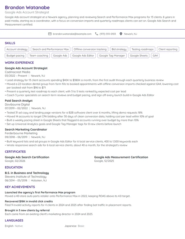 Google Ads Account Strategist resume example