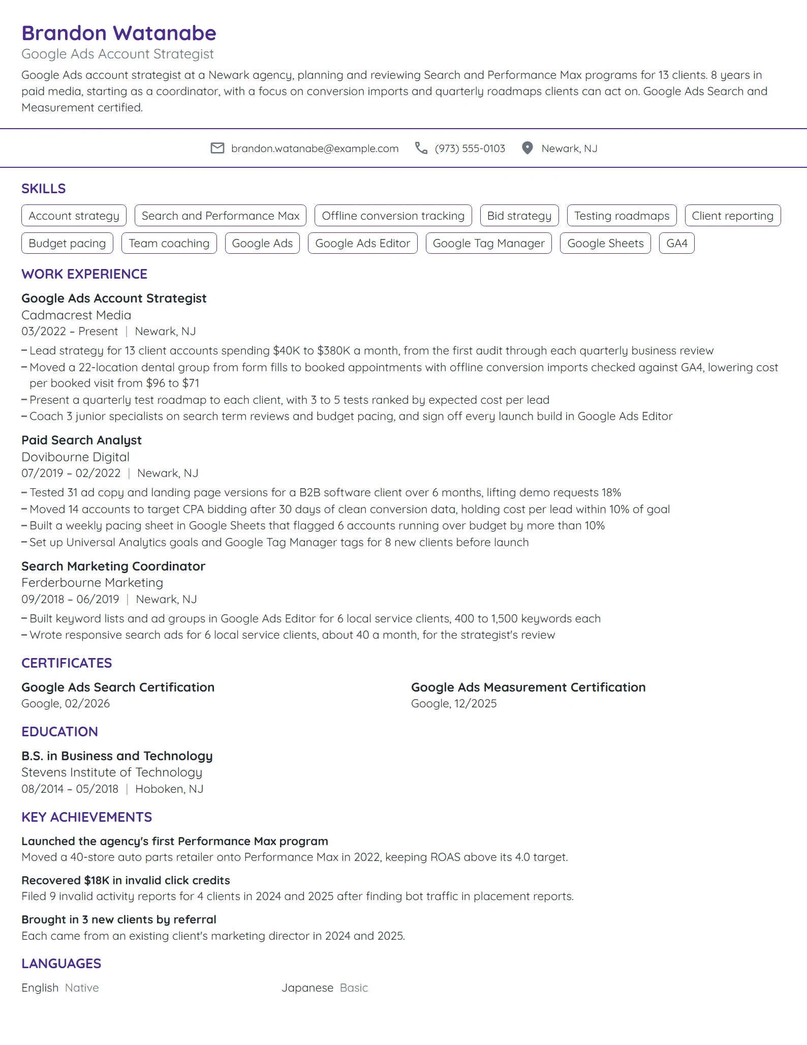 Google Ads Account Strategist resume example