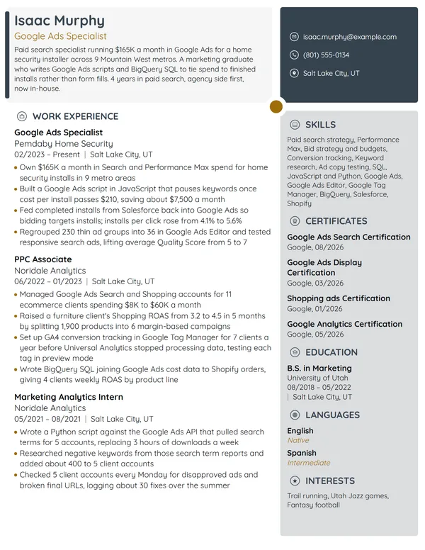 Google Ads Specialist resume example