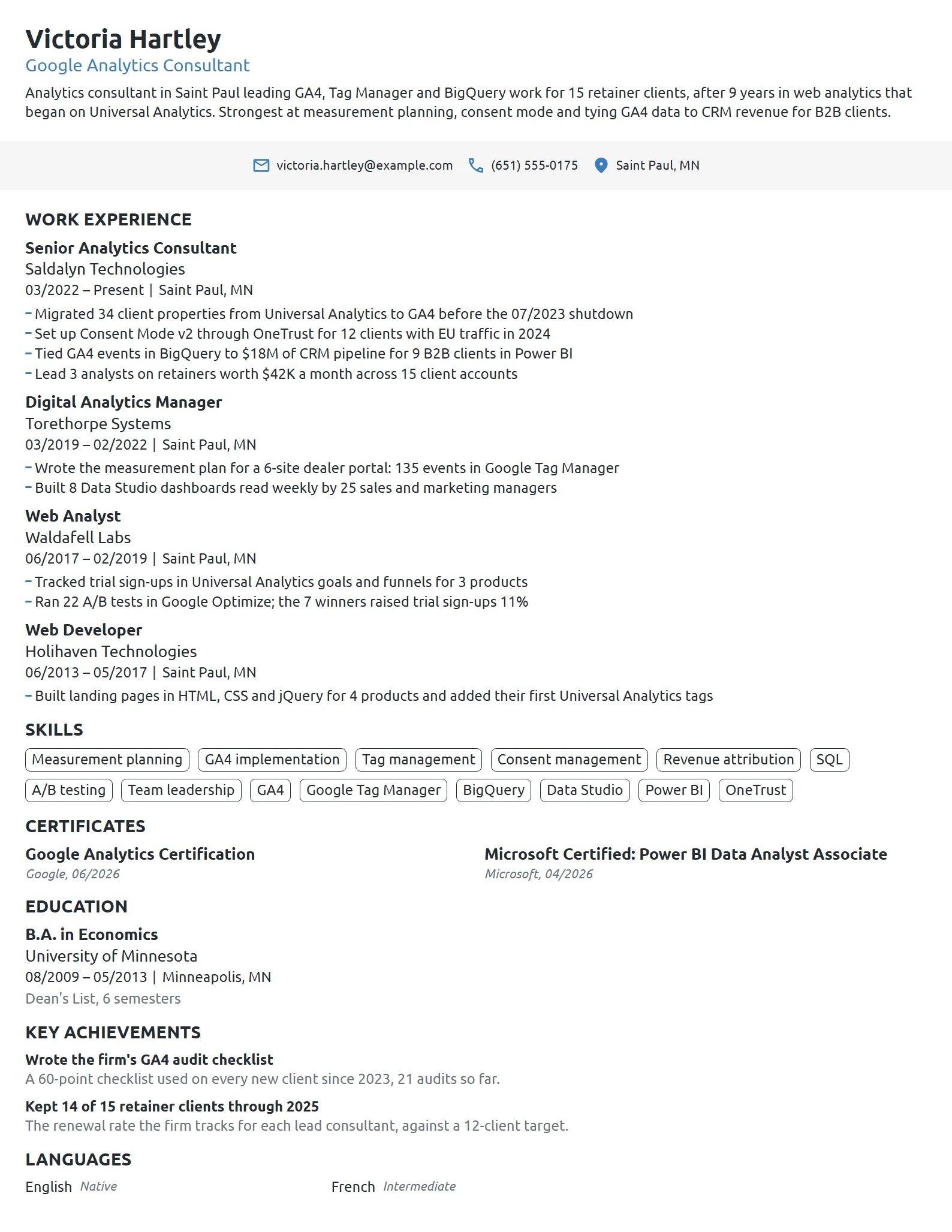 Google Analytics Consultant resume example