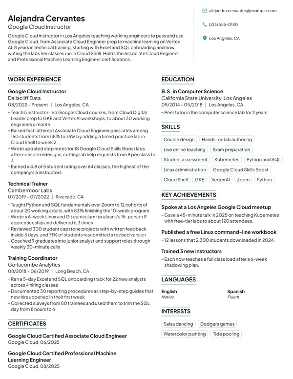 Google Cloud Instructor resume example