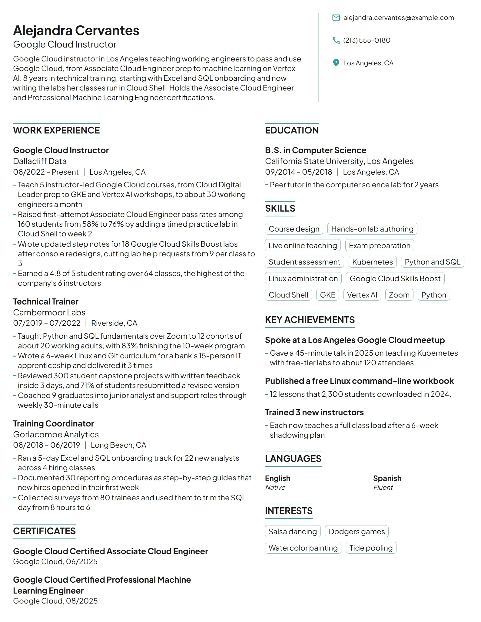 Google Cloud Instructor resume example