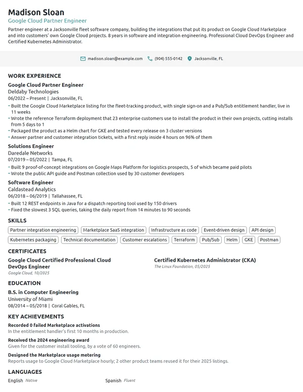 Google Cloud Partner Engineer resume example