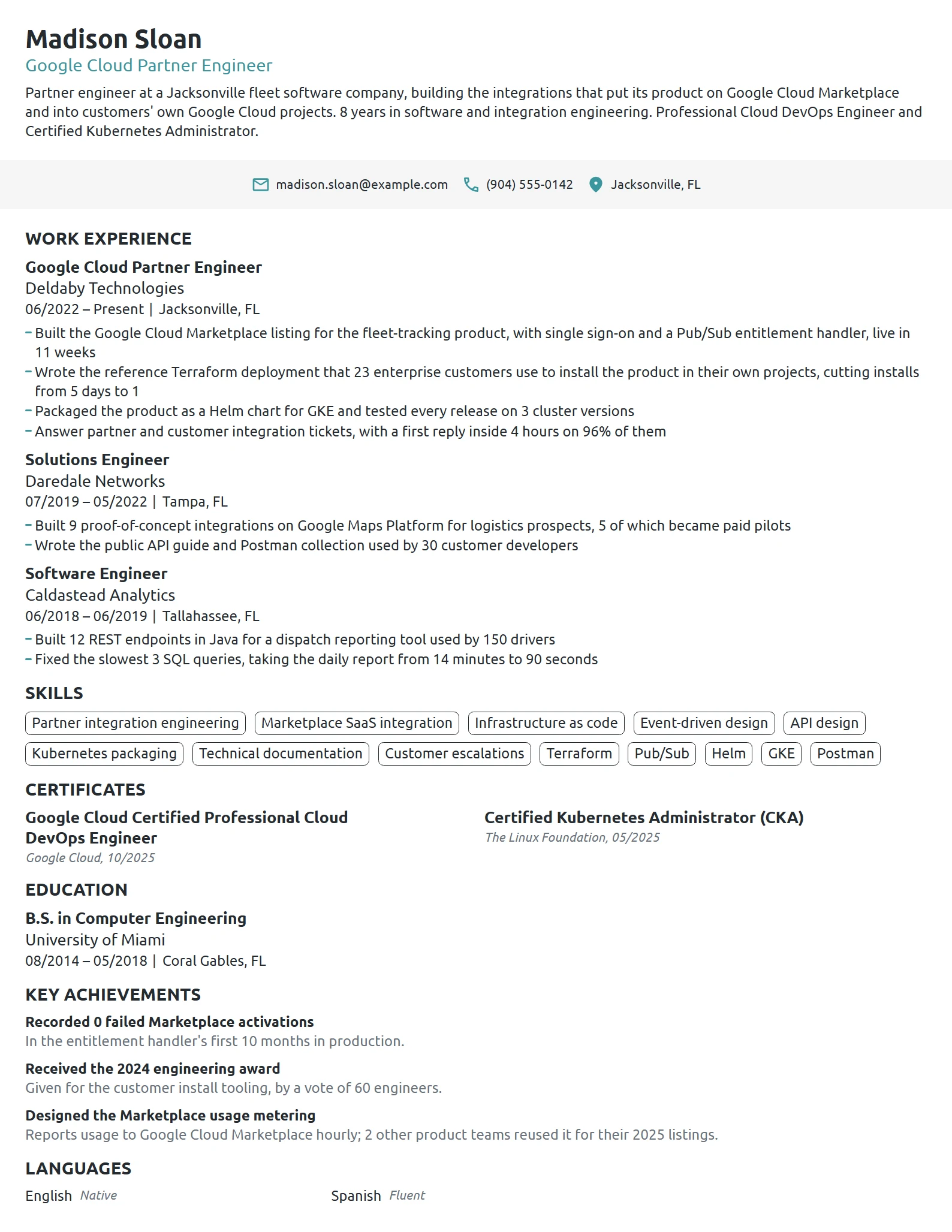 Google Cloud Partner Engineer resume example