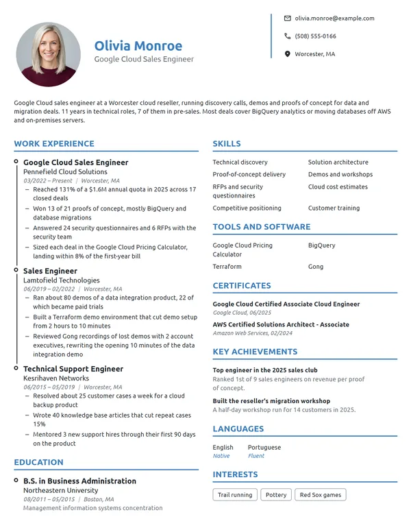 Google Cloud Sales Engineer resume example