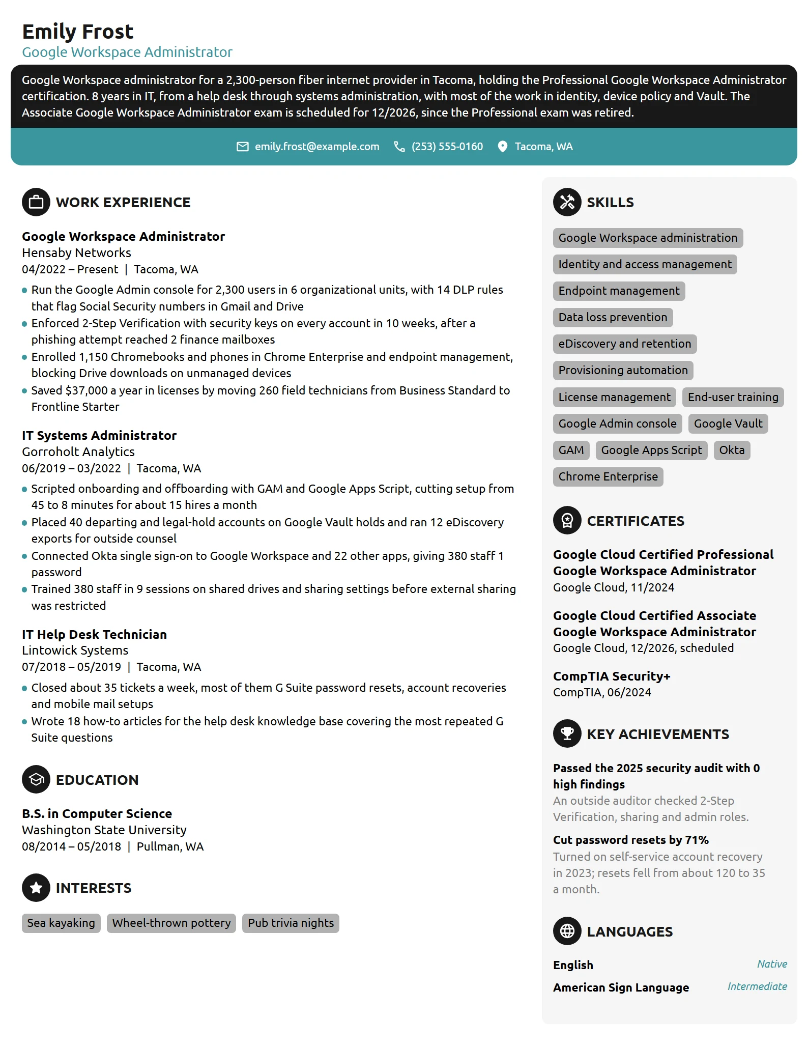 Google Workspace Administrator resume example