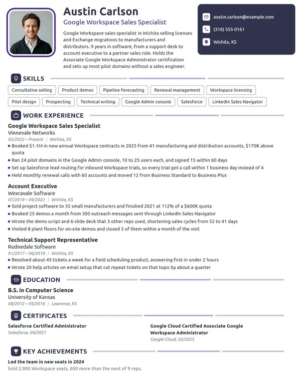 Google Workspace Sales Specialist resume example